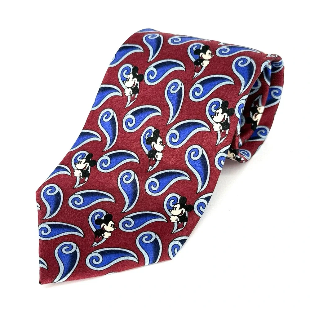 Walt Disney World 100% Silk Tie Men's Mickey Mouse Necktie Burgundy Blue Logo